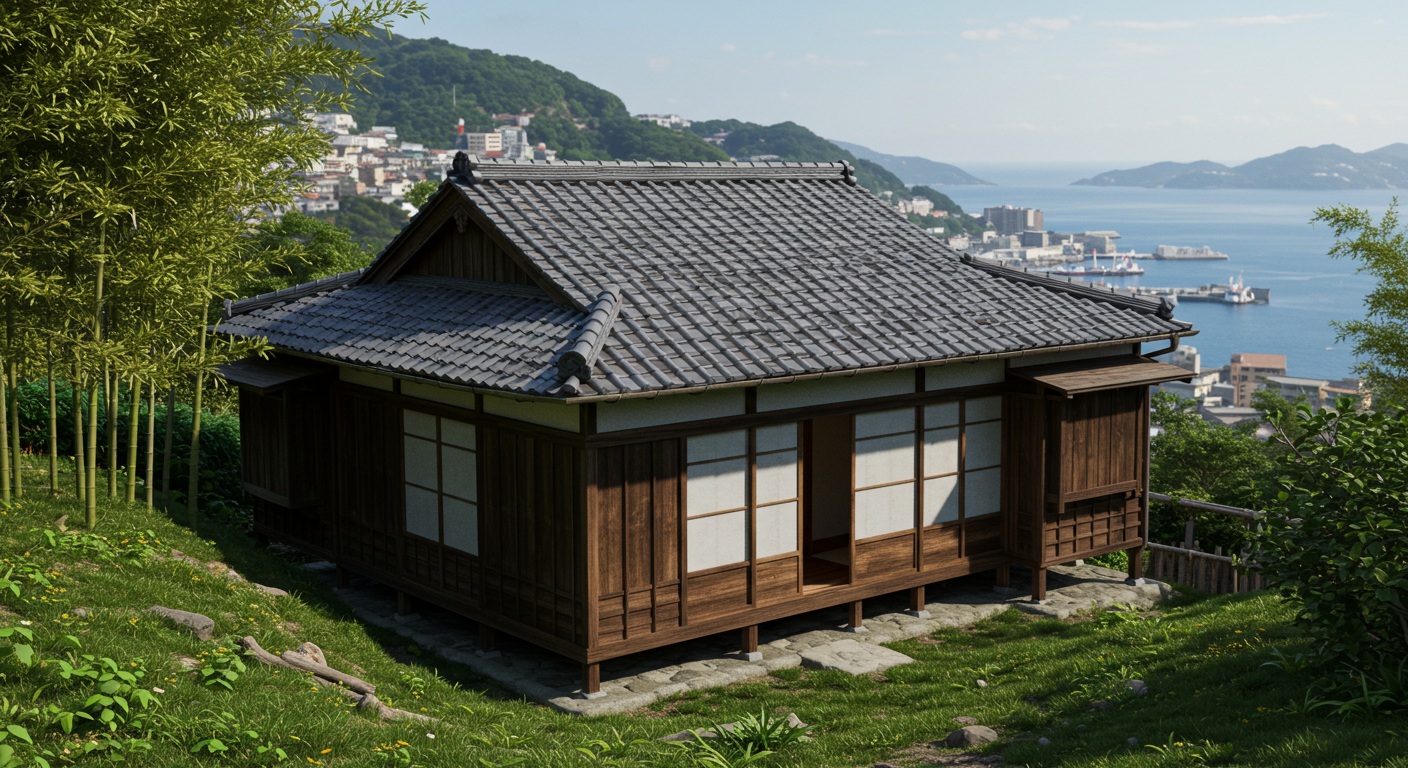 長崎の丘に建つ木造の町家風建物。
