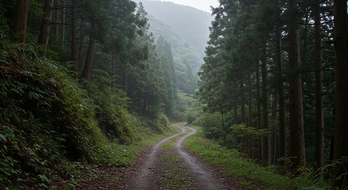 四国の山道・韮ヶ峠を思わせる霧に包まれた山中の風景。