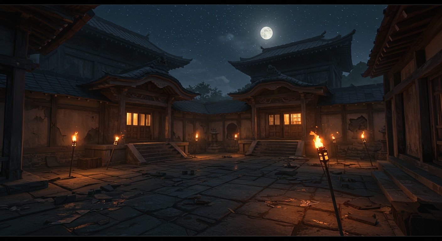 夜の本能寺の境内。壊れた扉と消えかけた灯火が月明かりに照らされている。