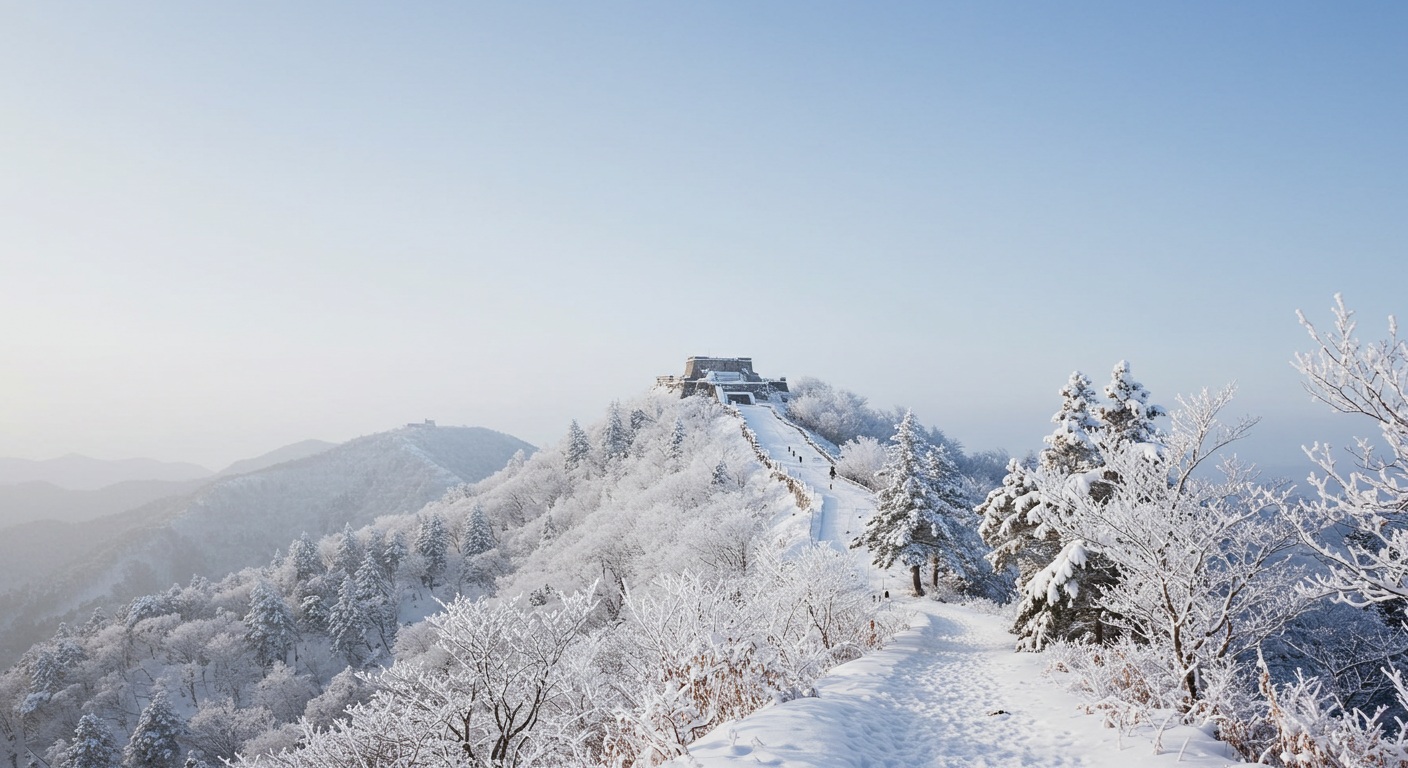 天目山の山道と雪をかぶった木々。遠くに砦が見える。