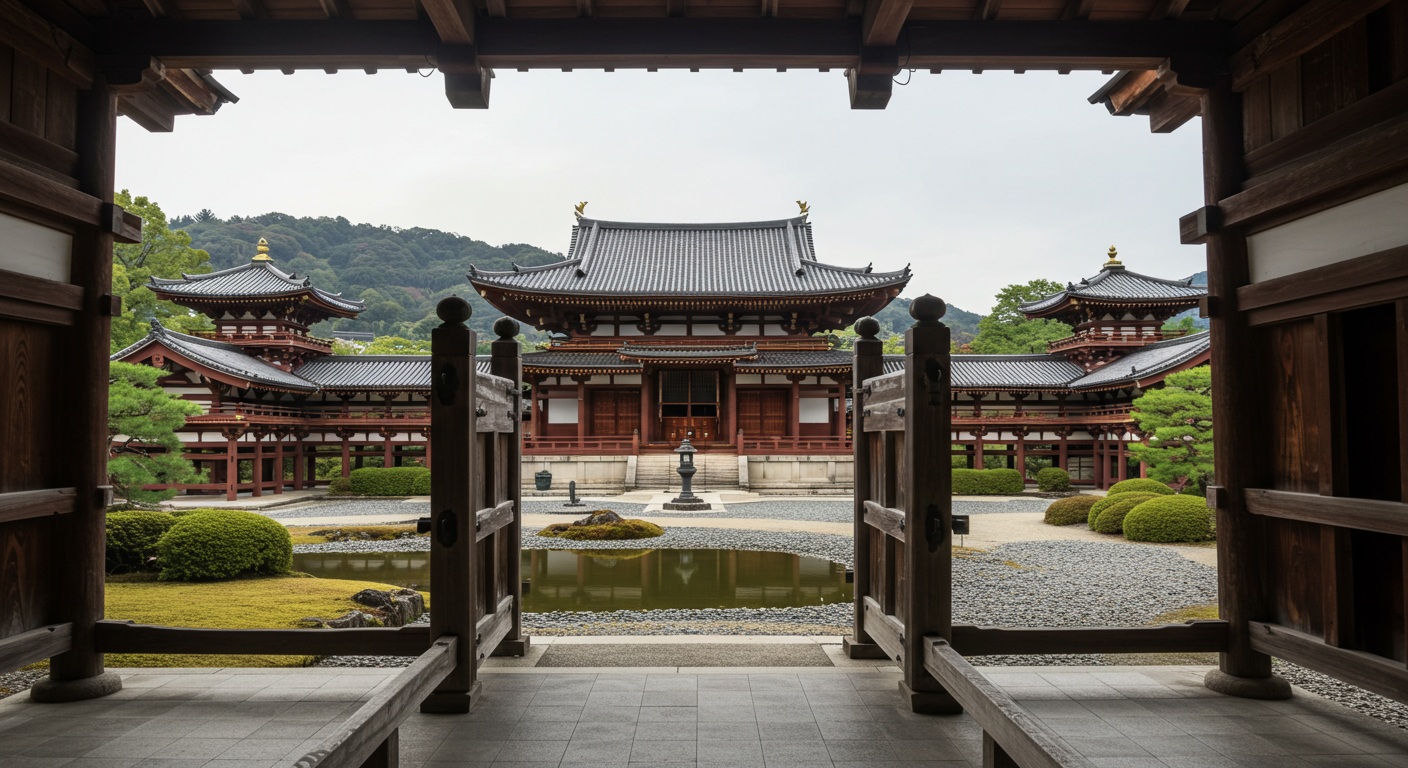静かな寺院の庭と閉ざされた門。穏やかな水辺と遠くの丘が背景にある。