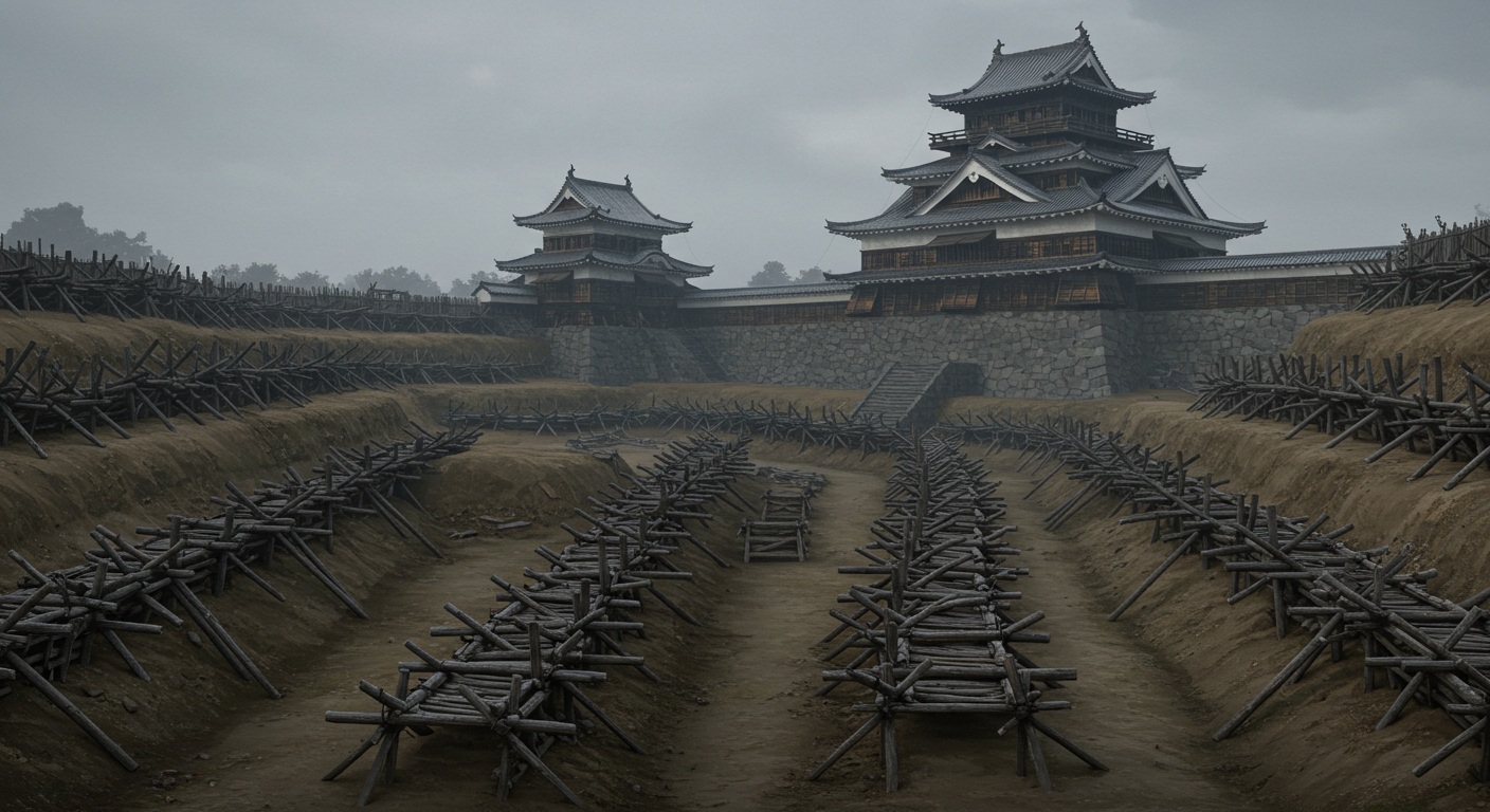 包囲された有岡城とその周囲に設置された防御柵や空の塹壕。