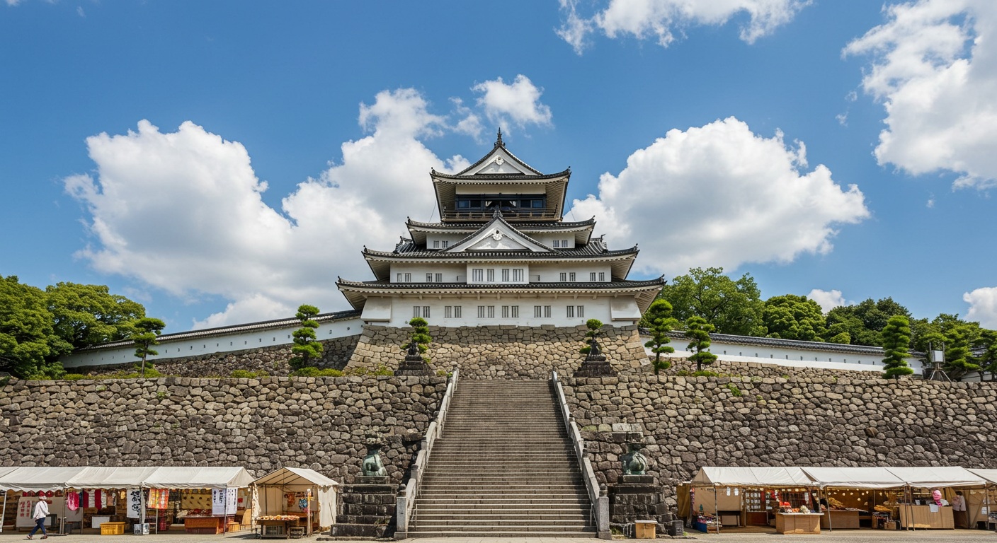 丘の上にそびえる安土城と、その麓に広がる整然とした城下町。