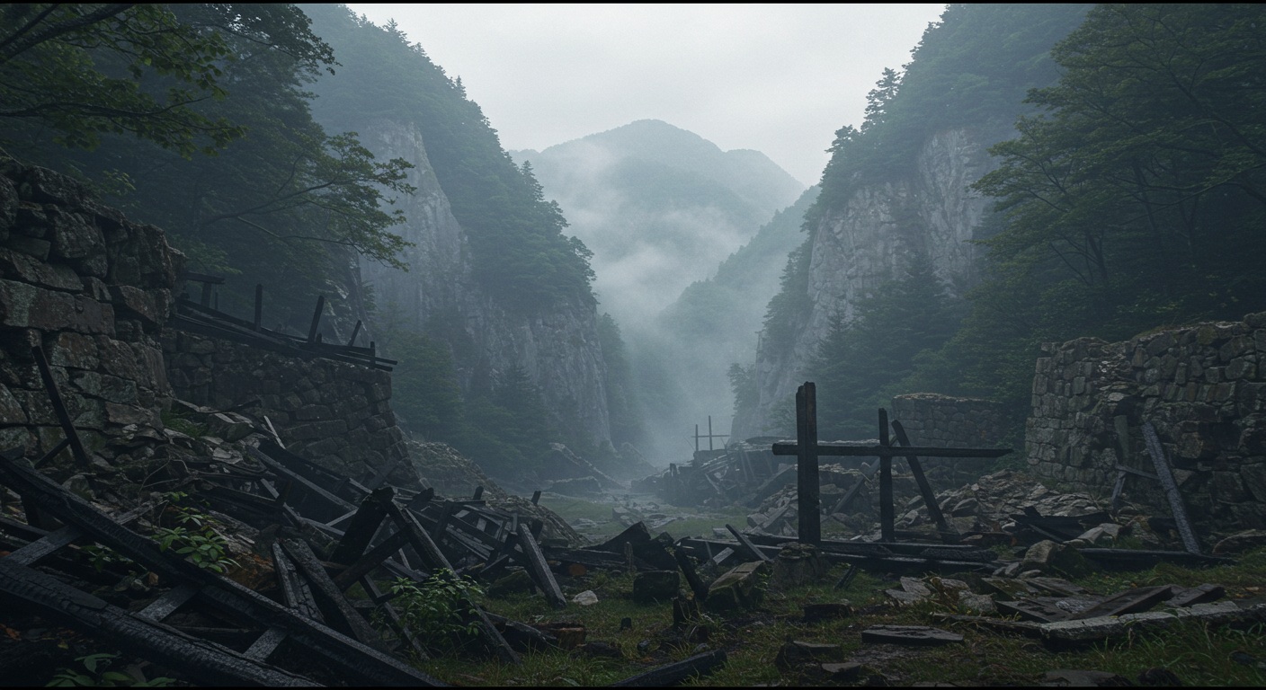 霧に包まれた山間の谷にある城跡。焼け落ちた木材と崩れた石垣が見える。