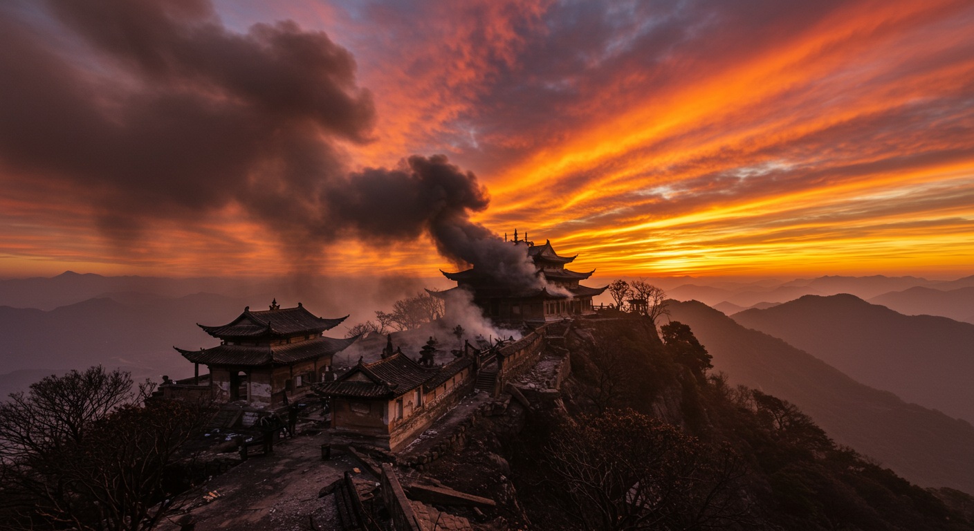 比叡山の山頂にある寺院が煙に包まれている。焼け焦げた屋根と木々が夕焼けに照らされている。