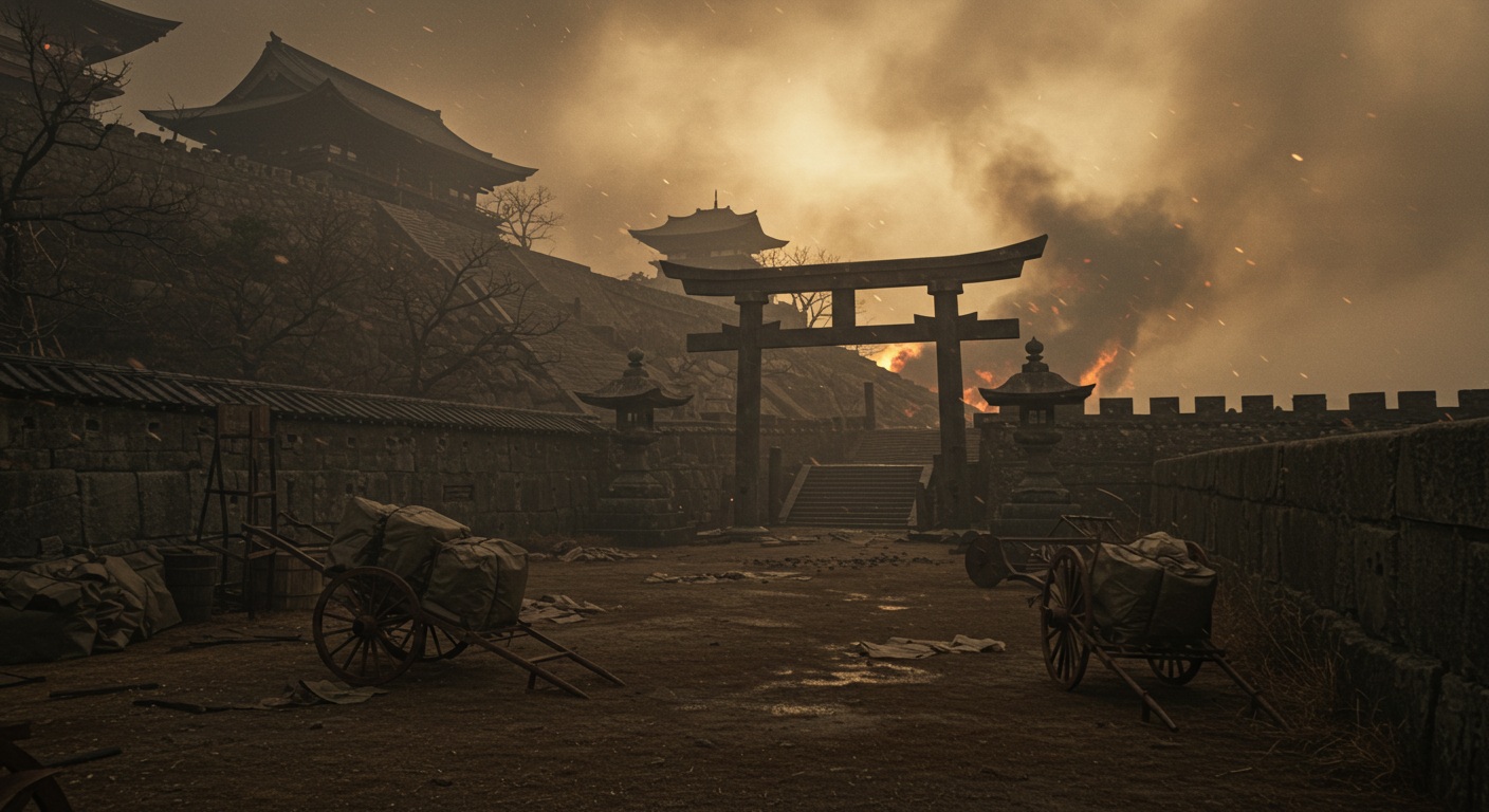 丘の上にある寺院の砦。煙が立ち上り、補給用の荷車が門前に放置されている。