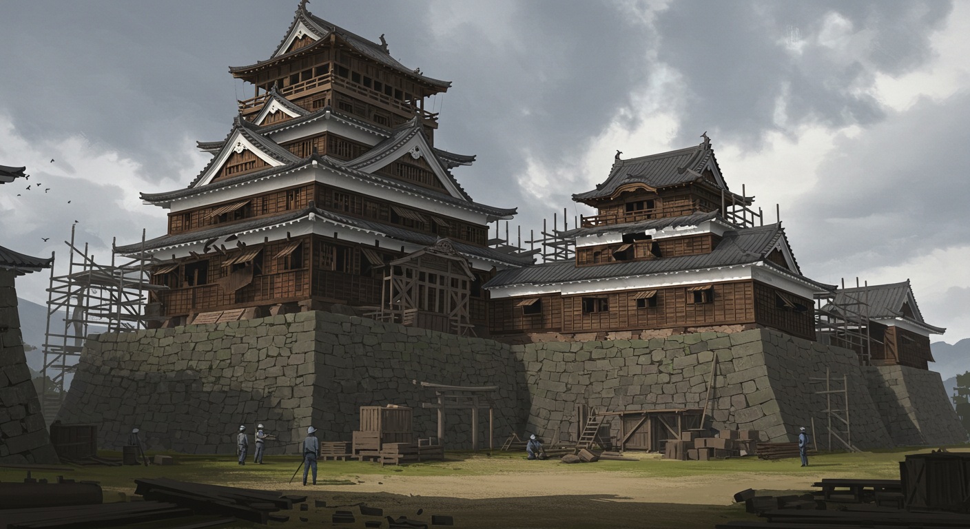 再建中の伏見城と足場が組まれた城郭。震災後の復興を感じさせる風景。