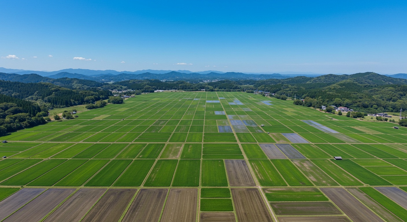 整然と区画された田畑と測量道具。農地の標準化を感じさせる風景。