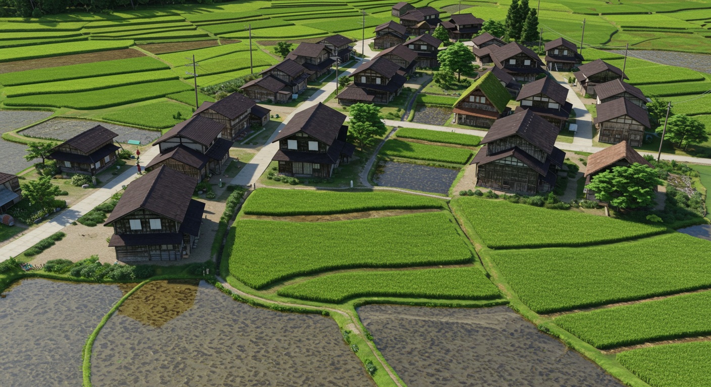 江戸時代の農村風景。整然とした田畑と木造家屋が並ぶ静かな村の様子。