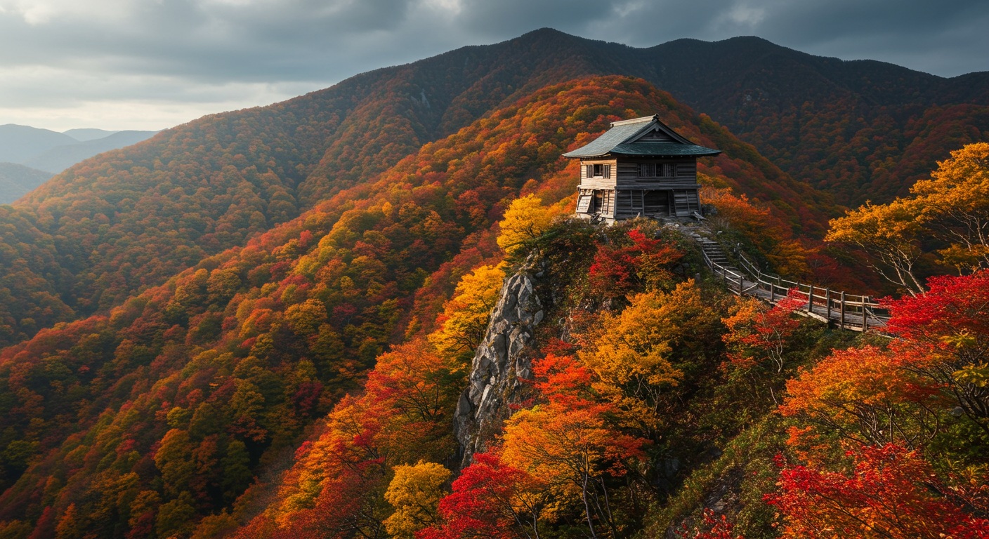 東北の山間にある小さな砦と紅葉に包まれた風景。曇り空の下で静けさが漂う。