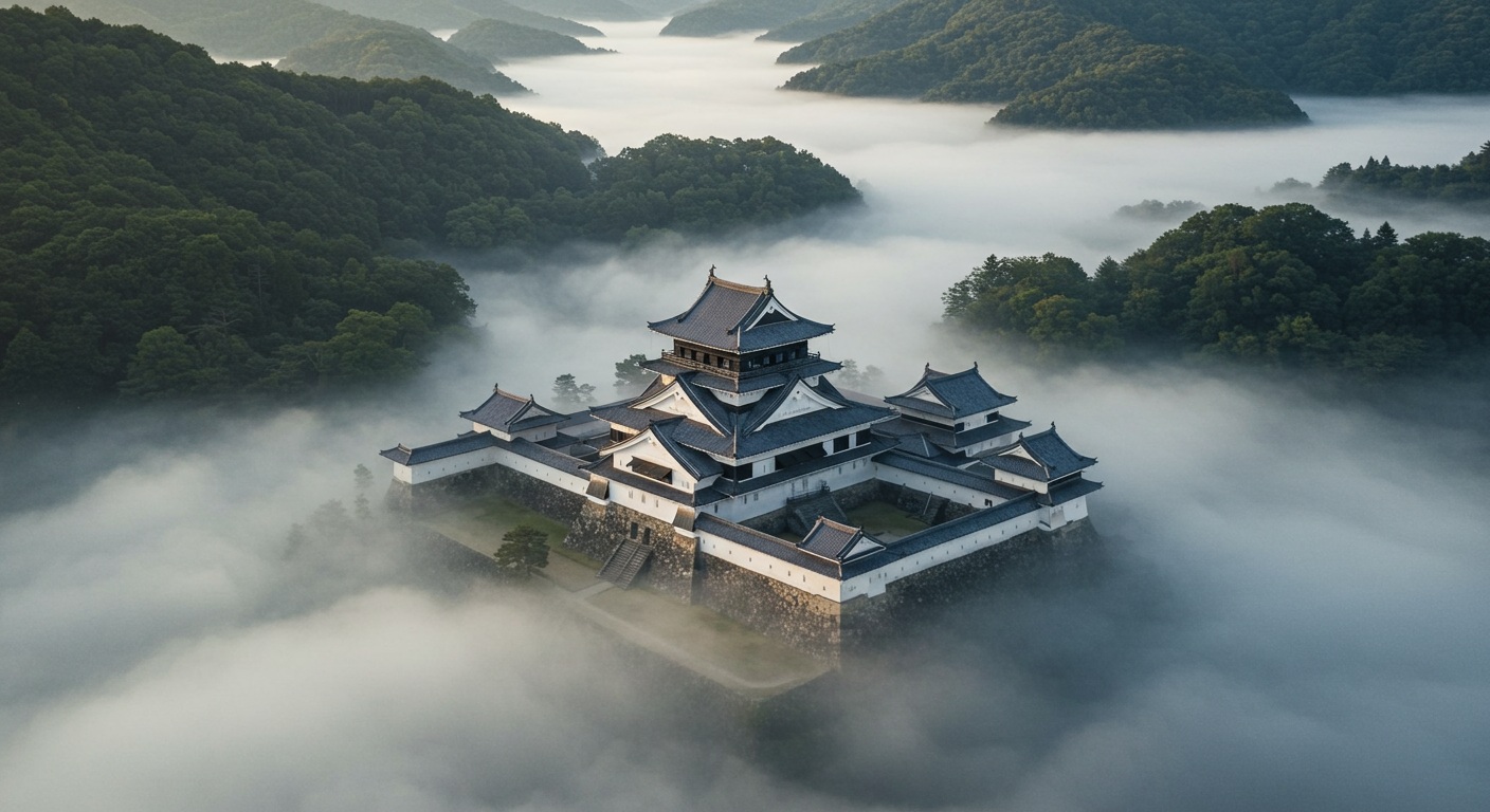 小田原城を遠くから見た風景。霧に包まれた山と森に囲まれた静かな城の様子。