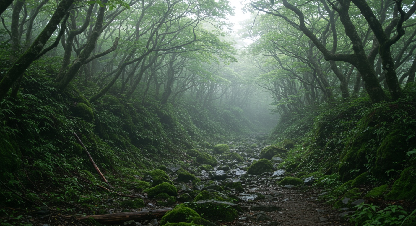九州の山岳地帯と海岸線を描いた風景。戦略的な進軍と和睦を象徴する自然描写。