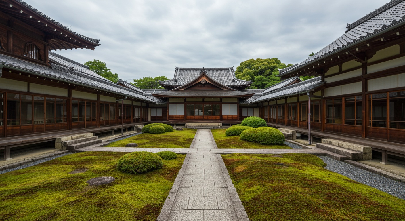 京都の宮廷をイメージした庭園と建物の風景。格式ある静かな空間を描写。