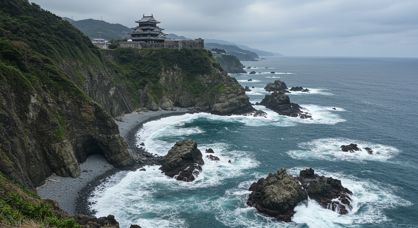 四国の海岸線と山道を描いた風景。戦略的な移動を想起させる自然の情景。