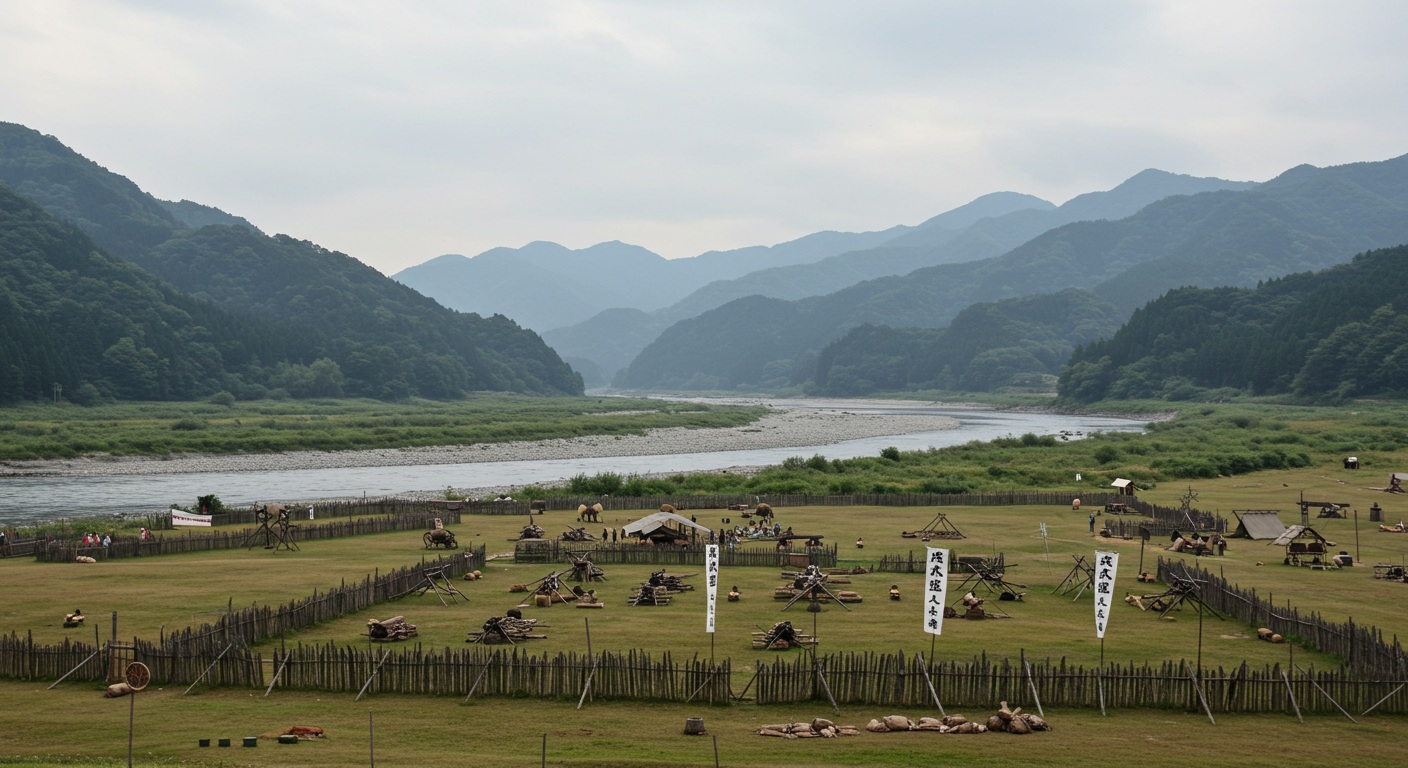 中国地方への出陣を思わせる山岳と河川の風景。旗や木柵が野営の雰囲気を表す。