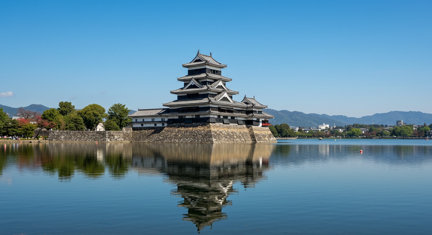 琵琶湖畔に建つ長浜城と、その周囲に広がる城下町を描いた情景。湖面に城が映り込む。