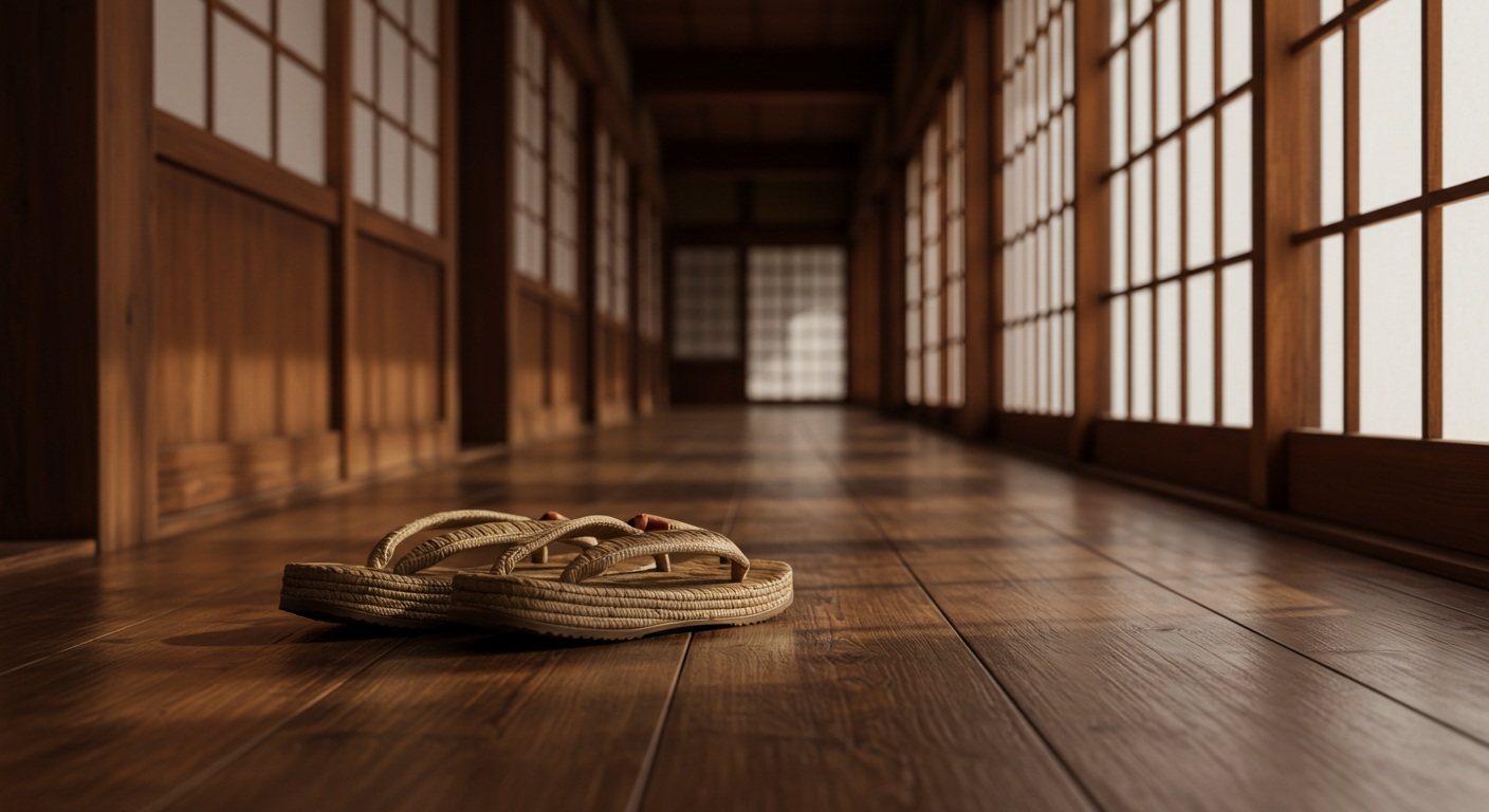 戦国時代の城内に置かれた草履を描いた静かな情景。木の床や障子の光が歴史的な雰囲気を漂わせる。